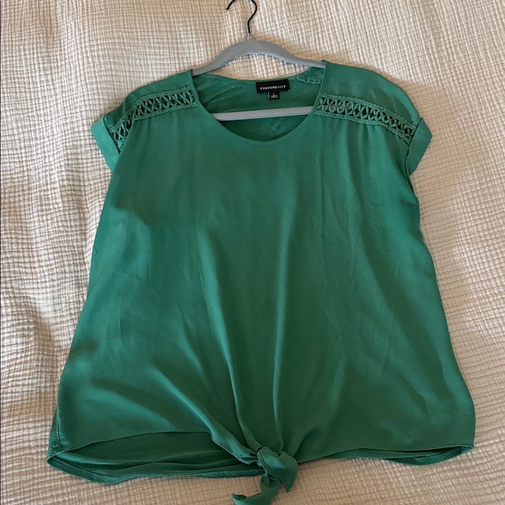 Worthington Green Tie-Front Crochet Yoke Blouse